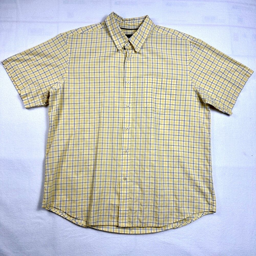 Basic Editions Men's Button-Down Shirt XL Yellow Plaid Check Short Sleeve Casual